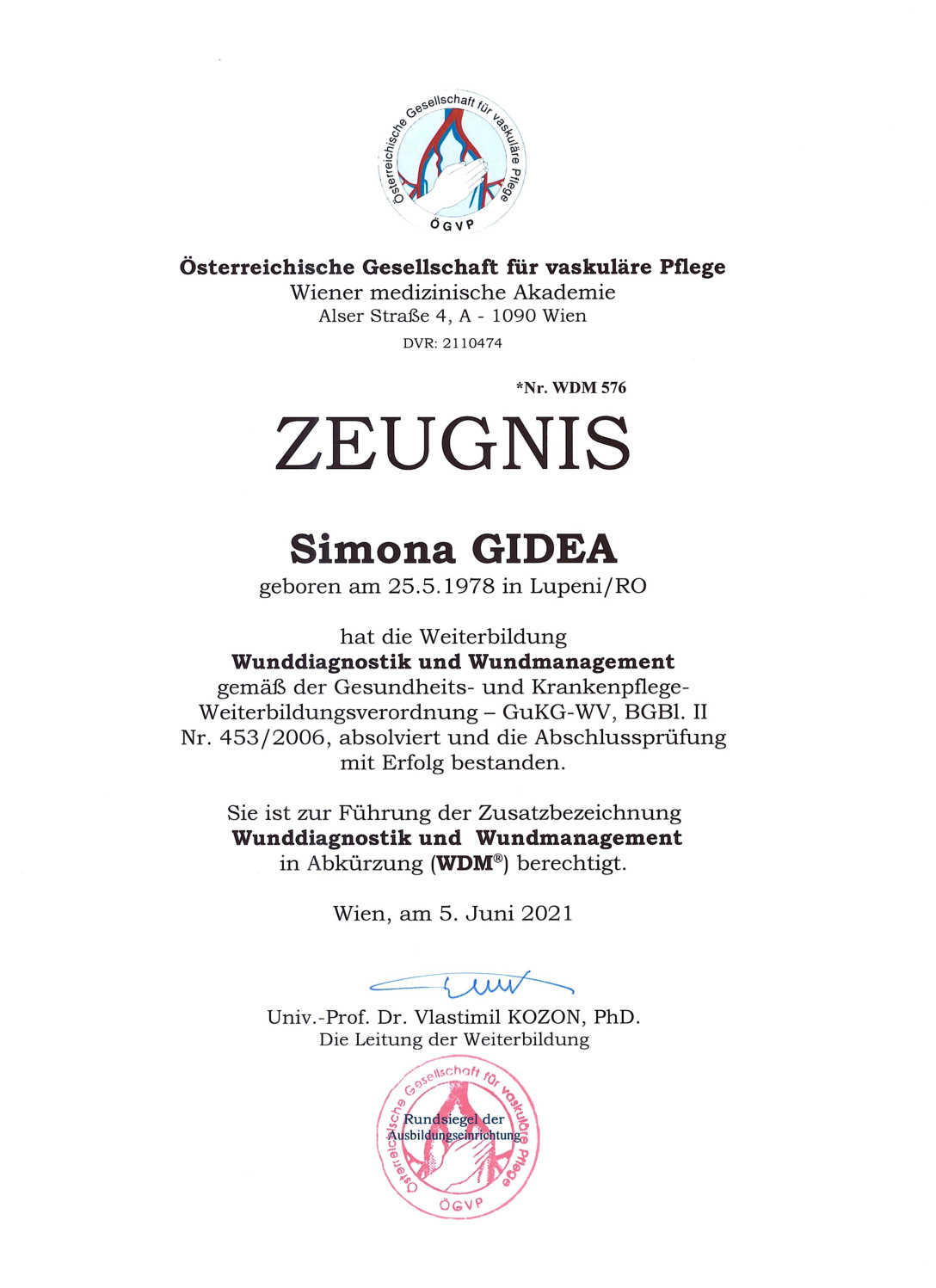 Pflege Zertifikat: WDM Zeugnis Simona Gidea